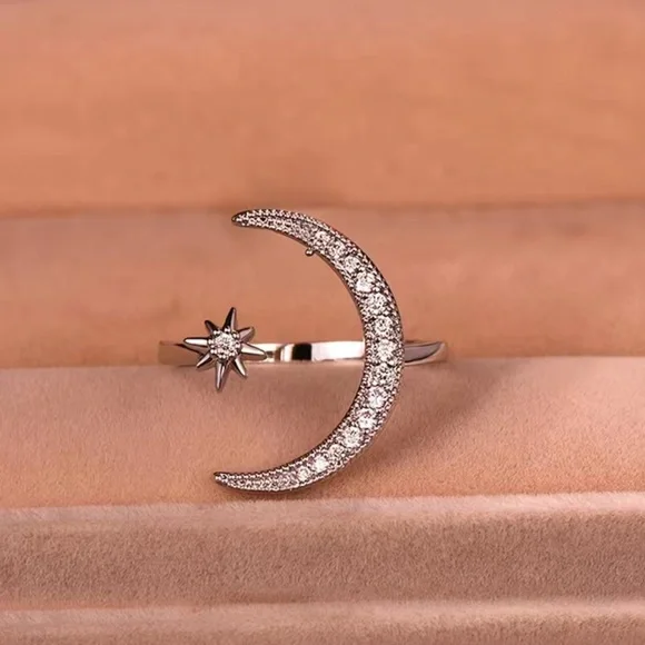 Adjustable Size Cuff Ring Crescent Moon And Star Design Shape Inlaid Rhinestones - Picture 4 of 8